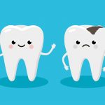 Happy Healthy Tooth and Moody Tooth with cavity Cartoon characters in flat design. Dental Infographic elements concept vector illustration in flat design