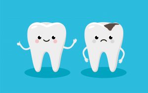 Happy Healthy Tooth and Moody Tooth with cavity Cartoon characters in flat design. Dental Infographic elements concept vector illustration in flat design